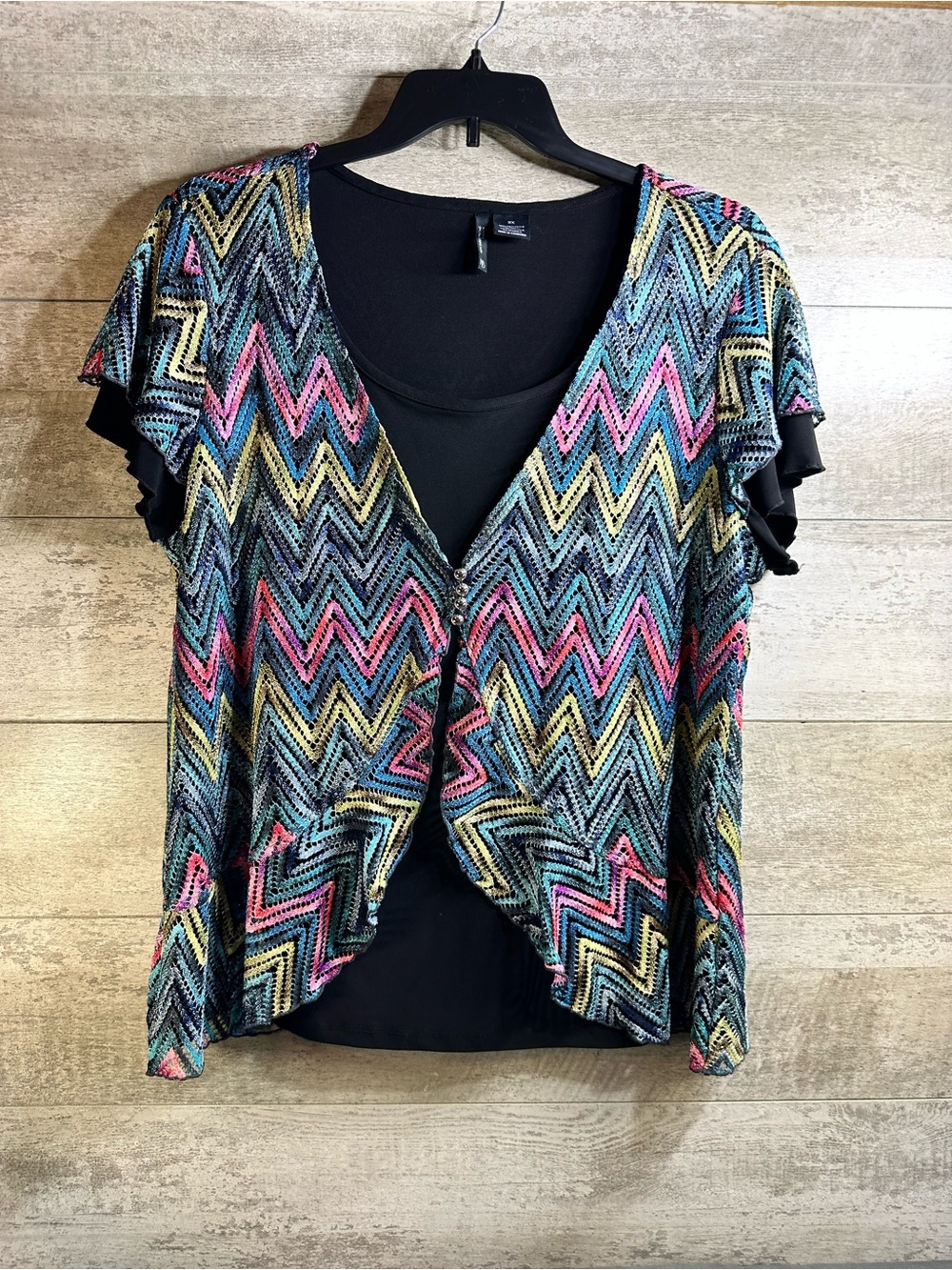 New Directions Woman Rainbow Chevron Open Knit Layered Blouse